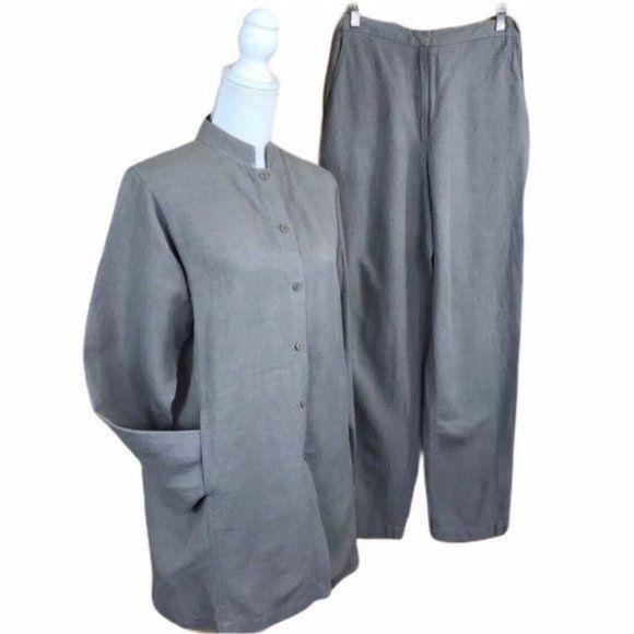 Eileen Fisher 2 Piece Pants Blazer Suit Linen